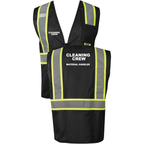 Cleaning Crew Black Mesh Safety Vest - Double Stripe - Material Handler - (Front & Back)
